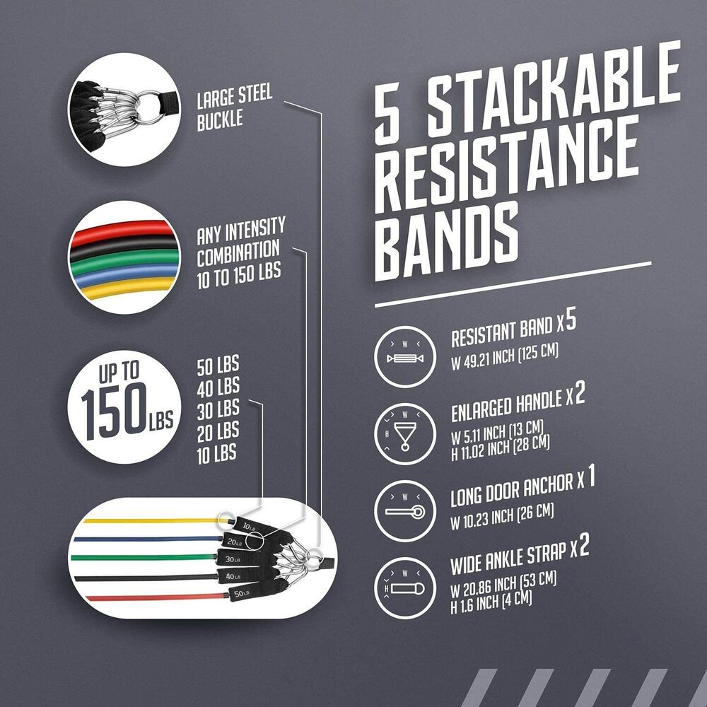 Exercise Resistance Bands Set with Handles - 5pc Fitness Workout Bands for Home - Picture 5 of 7